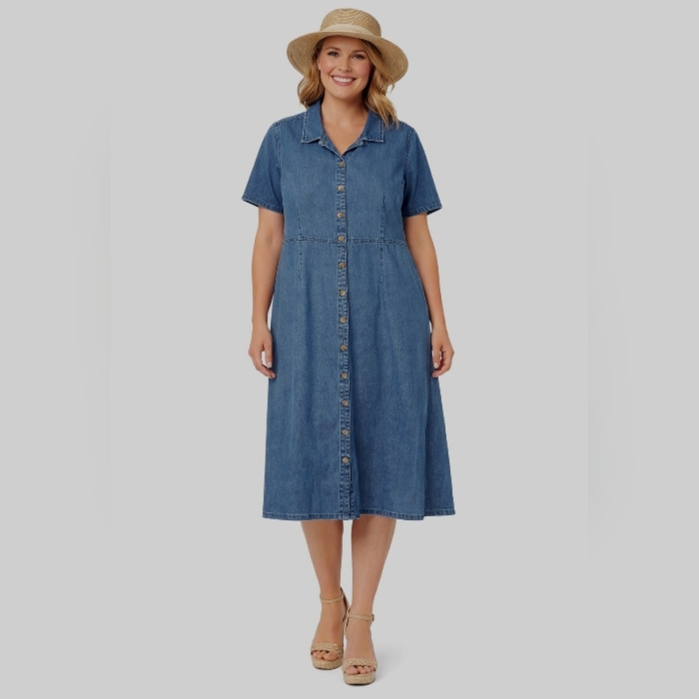 Serengeti Button Down Jean Dress 1X with Pockets Casual Retro Western Prairie